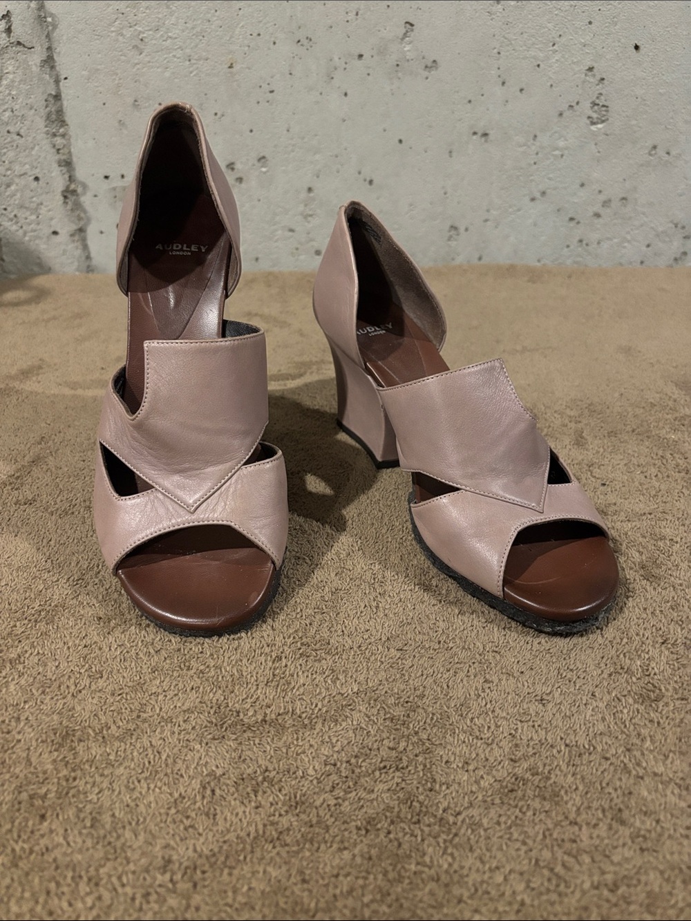Audley Taupe Leather Open-Toe Block Heels - Size 37.5 Euro